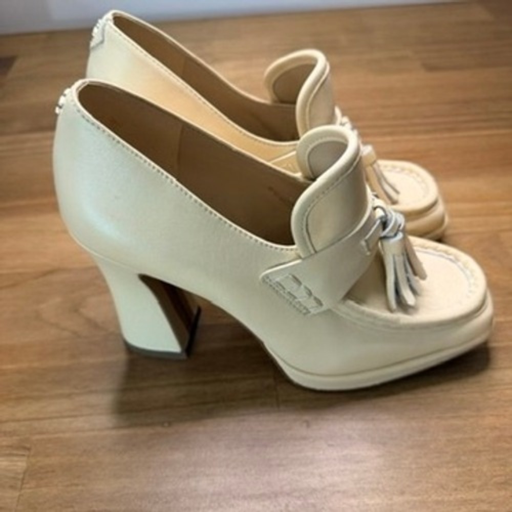 Sam Edelman Ivory Leather Platform Tassel Loafer Heels Size 6.5 - Picture 3 of 14